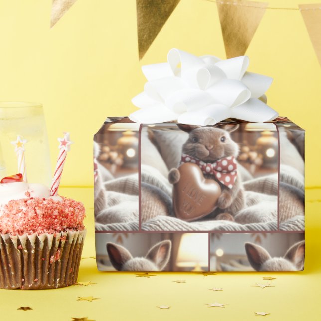 Papier Cadeau Lapin Avec Je T'Aime Coeur Chocolat (Fête d'anniversaire)