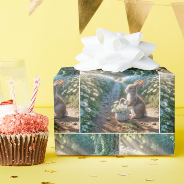 Papier Cadeau Lapin avec un panier de marguerites blanches (Fête d'anniversaire)