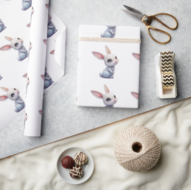 Papier Cadeau Lapin Blanc Mignon aux Grands Yeux Bleus (Artisanat)