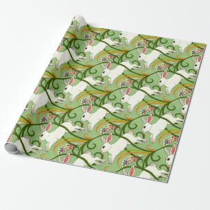Papier Cadeau Lapin blanc sur Décor Maison Carrelé Vert