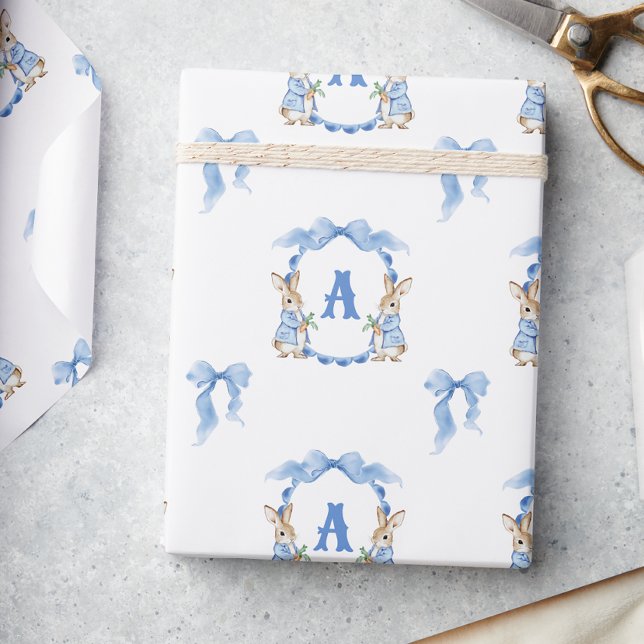 Papier Cadeau Lapin Bleu En vichy Monogramme Crest (Créateur téléchargé)