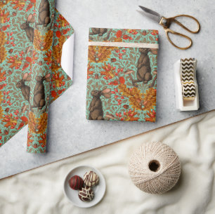 Papier Cadeau Lapin d'automne sur vert clair
