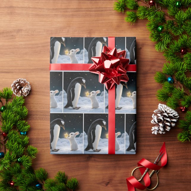 Papier Cadeau Lapin de Noël et manchot avec étoile (Cadeau de vacances)