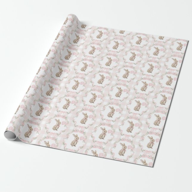Papier Cadeau Lapin de Pâques à ruban rose Anniversaire Fille (Déroulé)