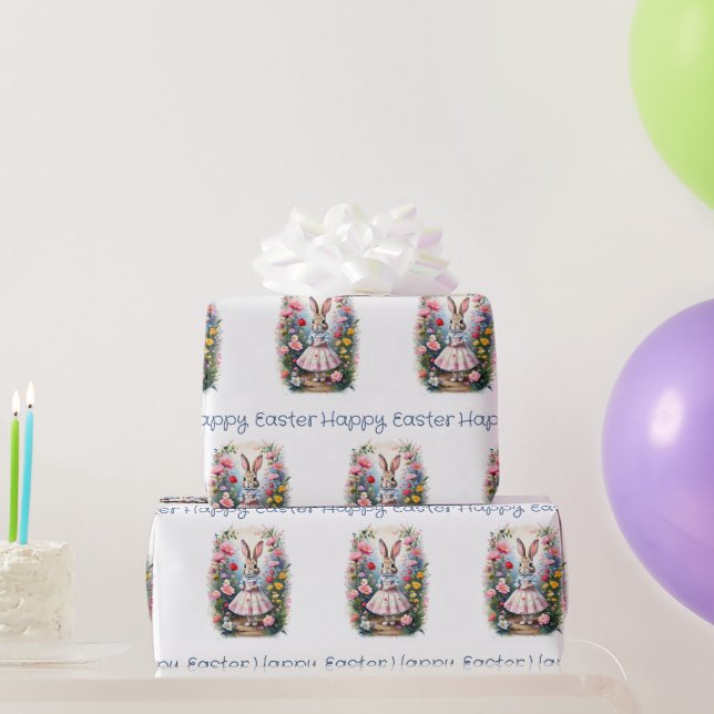 Papier Cadeau lapin de Pâques avec des fleurs Joyuses Pâques (Cadeaux de fête)