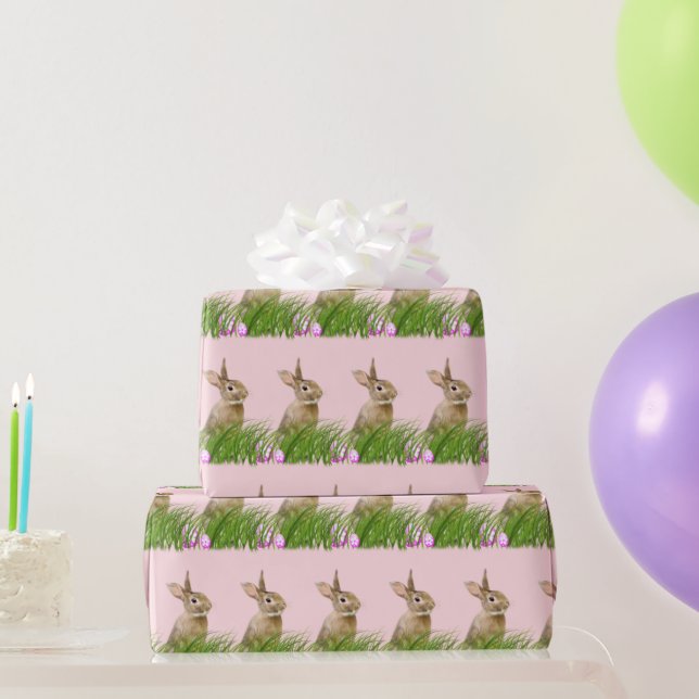 Papier Cadeau Lapin de Pâques dans l'herbe avec des oeufs (Cadeaux de fête)