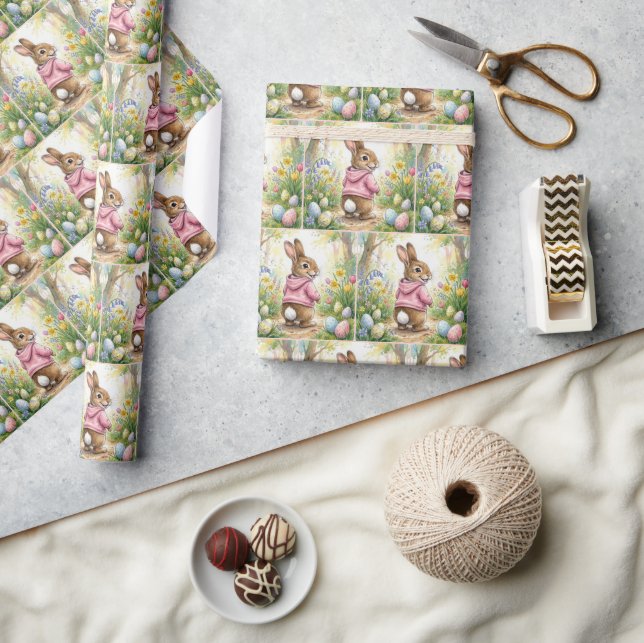 Papier Cadeau Lapin de Pâques dans un jardin printanier (Artisanat)