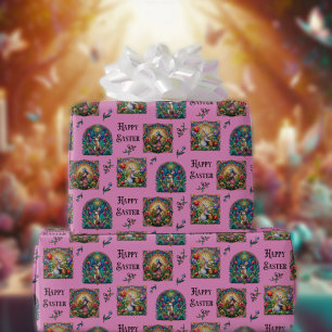 Papier Cadeau Lapin de Pâques rose heureux en vitrail élégant