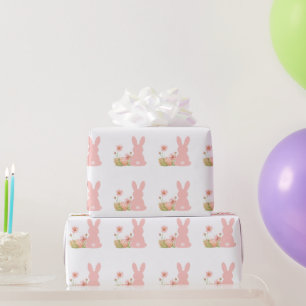 Papier Cadeau Lapin de Pâques rose mignon avec des fleurs de pri