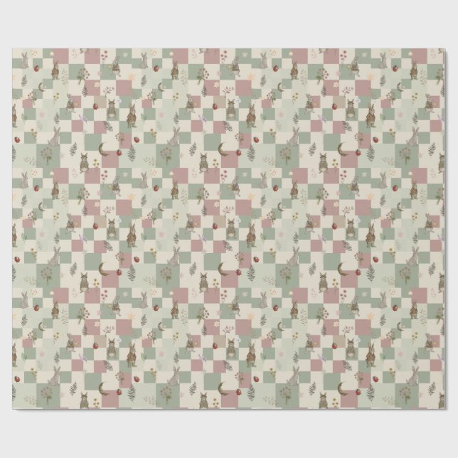 Papier Cadeau Lapin de pépinière boisée style Cottagecore (Plat)