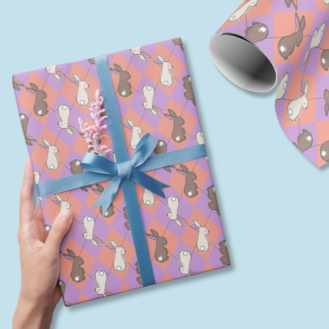 Papier Cadeau Lapin de printemps rose et violet pastel Argyle  (Easter rabbit pastel wrapping paper is cute throughout spring and beyond!)
