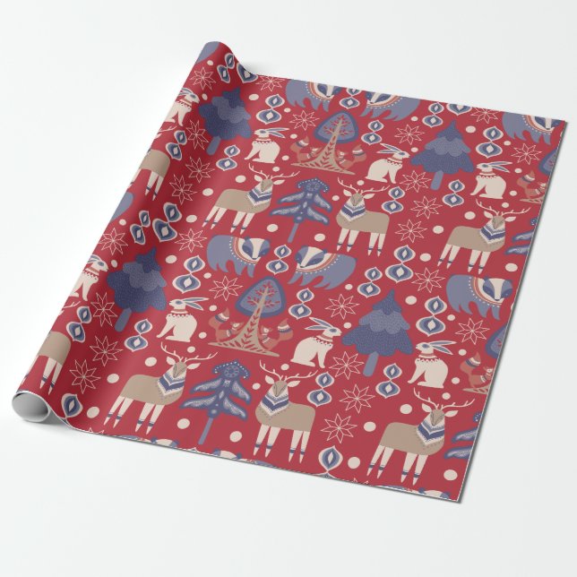 Papier Cadeau Lapin de rennes roux scandinave (Déroulé)