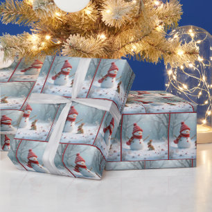 Papier Cadeau Lapin d'hiver avec bonhomme de neige