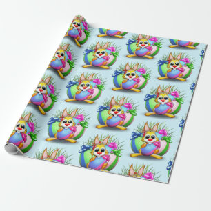 Papier Cadeau Lapin drôle mordant un œuf de Pâques