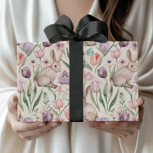 Papier Cadeau Lapin Gris Mignon avec Tulipes Colorées