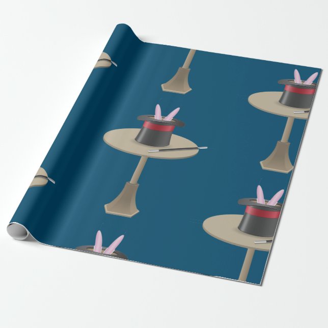 Papier Cadeau Lapin Magique dans un Chapeau avec une Baguette (Déroulé)