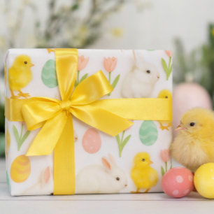 Papier Cadeau Lapin poulet mignon et coloré & œufs de Pâques