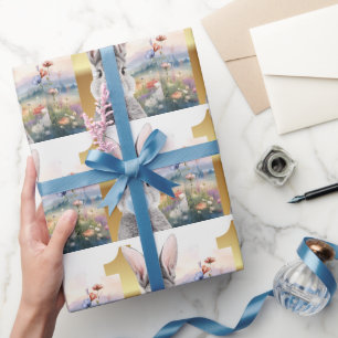 Papier Cadeau Lapin soufflant un bubble gum bleu Premier anniver
