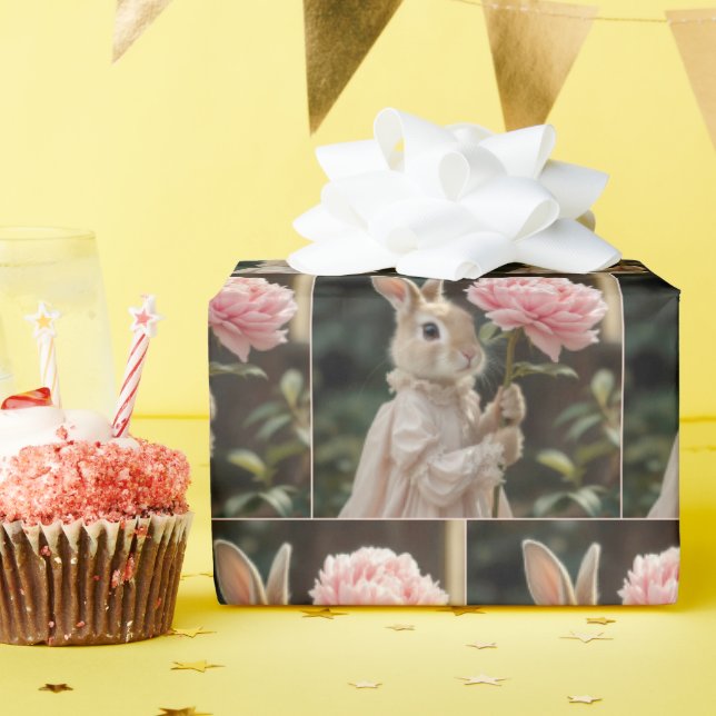 Papier Cadeau Lapin tenant une pivoine rose (Fête d'anniversaire)