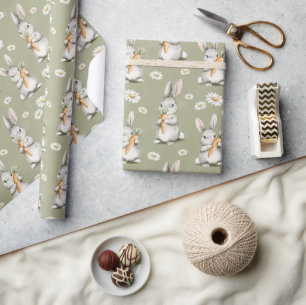 Papier Cadeau Lapins avec Carottes Fleurs Vertes de Daisy Annive