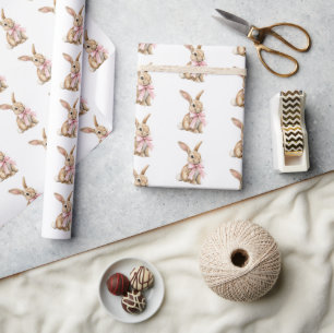 Papier Cadeau Lapins de Pâques au Ruban Rose Anniversaire  