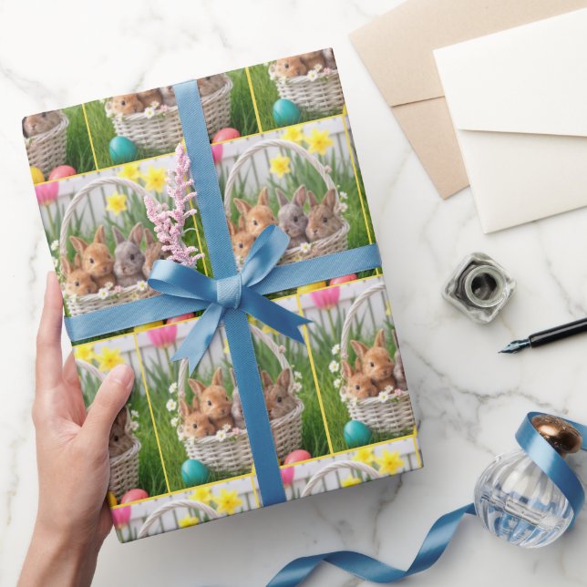Papier Cadeau Lapins de Pâques dans un panier en osier (Cadeaux)