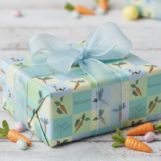 Papier Cadeau Lapins de Pâques & Motif de carottes (Colorful Happy Easter Wrapping Paper for Kids. Adorable Bunnies & Carrot Veggies Blue Pattern)