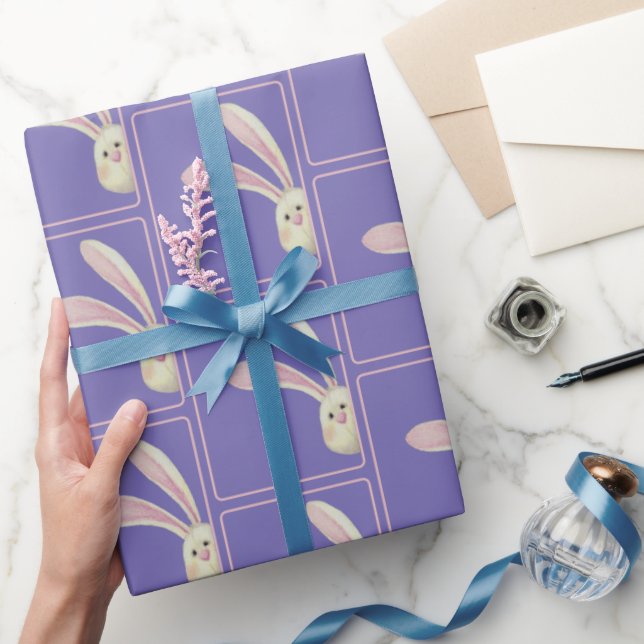 Papier Cadeau Lapins de Pâques sur fond violet (Cadeaux)