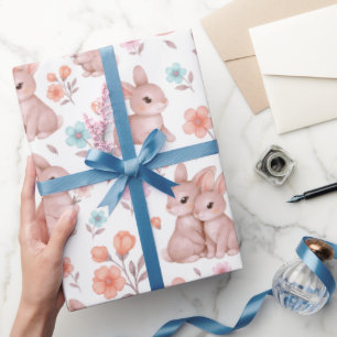 Papier Cadeau Lapins et fleurs à l'aquarelle - Motif mignon
