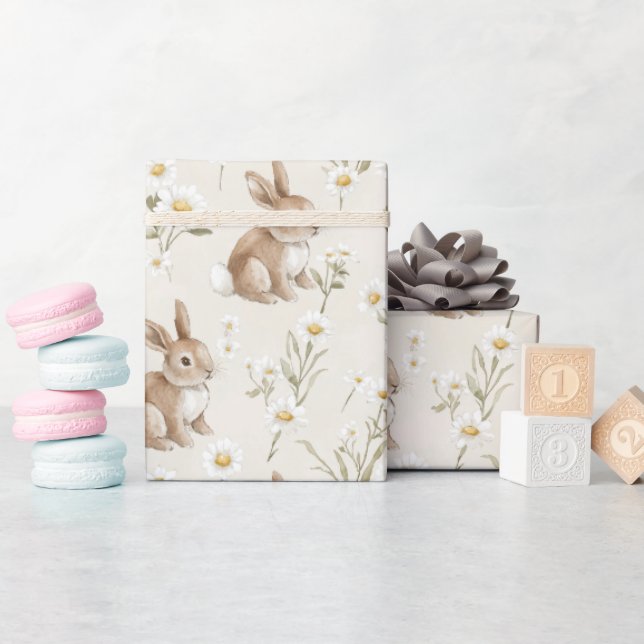 Papier Cadeau Lapins Fleurs de Marguerite (Baby Shower)