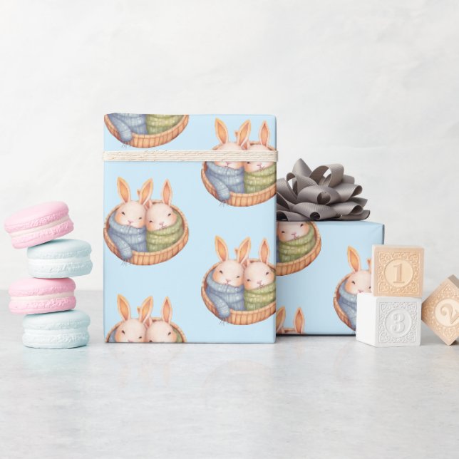 Papier Cadeau Lapins Jumeaux Bleu Apaisant (Baby Shower)