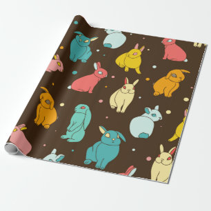 Papier Cadeau lapins multicolores, différents, lièvres sur un no
