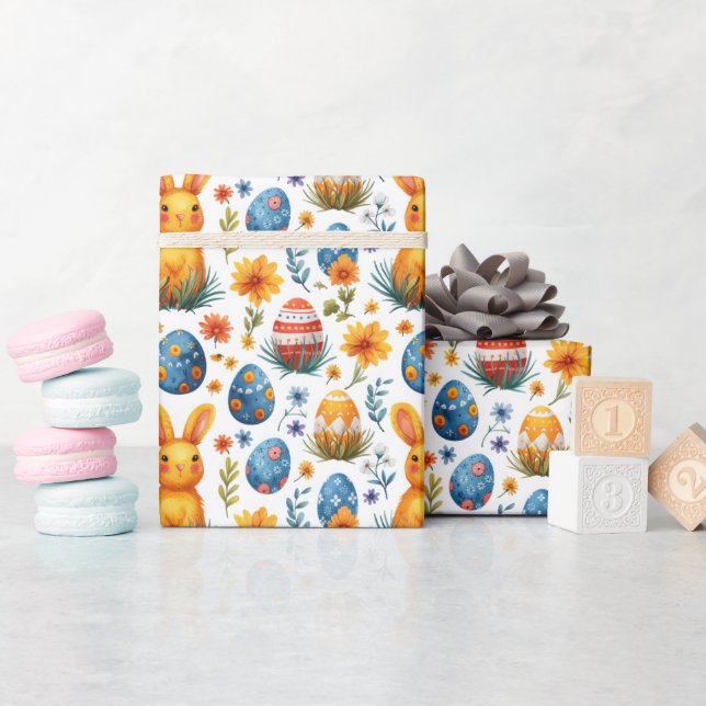 Papier Cadeau Lapins, Oeufs et Fleurs - Pâques (Baby Shower)