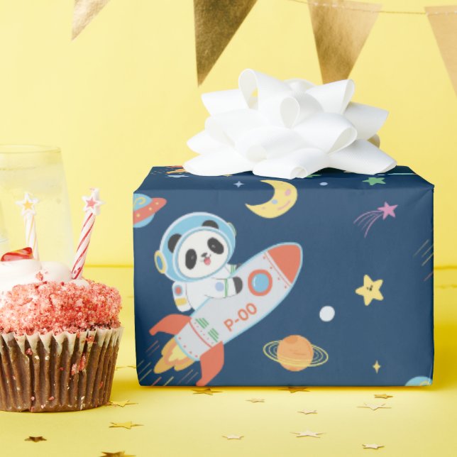 Papier Cadeau l'astronaute bleu et orange Panda (Fête d'anniversaire)