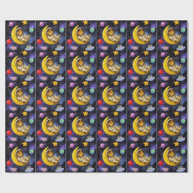 Papier Cadeau L'astronaute Chat dort sur la Lune (Plat)
