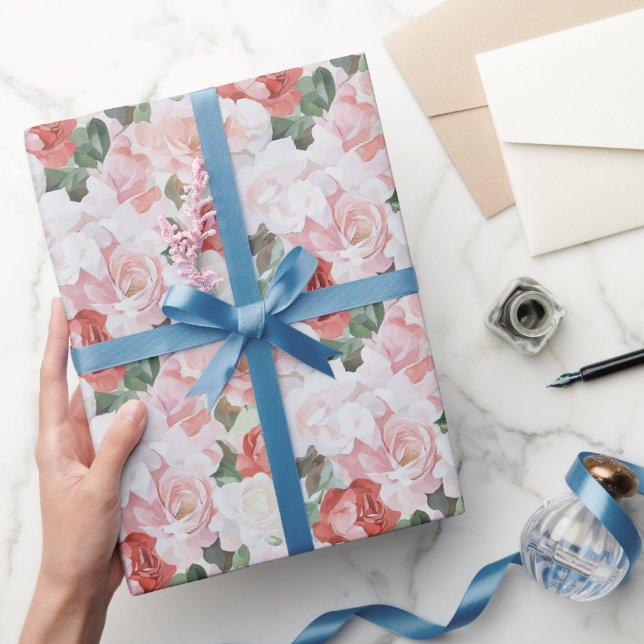 Papier Cadeau Lavande Roses Rouges Blanches Fleurs Mariage (Cadeaux)