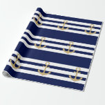 Papier Cadeau Le blanc nautique de bleu marine barre l'Ancre<br><div class="desc">Employez ces papiers d'emballage uniques pour n'importe quelle occasion.  Mariages nautiques de thème,  baby shower,  anniversaire,  partie,  événements,  ... .. rayures de bleu marine et de blanc avec l'ancre d'or.  Perfectionnez pour envelopper des cadeaux,  présents,  faveurs,  métiers,  meubles,  coureurs de table,  couvertures….</div>
