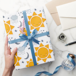 Papier Cadeau Le kawaii jaune est solitaire avec étoiles, lunes
