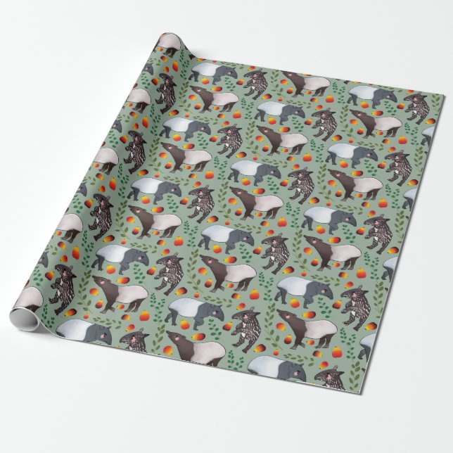 Papier Cadeau Le Motif animal du Tapir de Malaisie vert et noir (Déroulé)