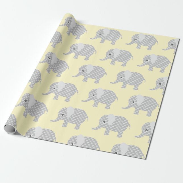 Papier Cadeau Le motif gris mignon d'éléphants badine le jaune (Déroulé)