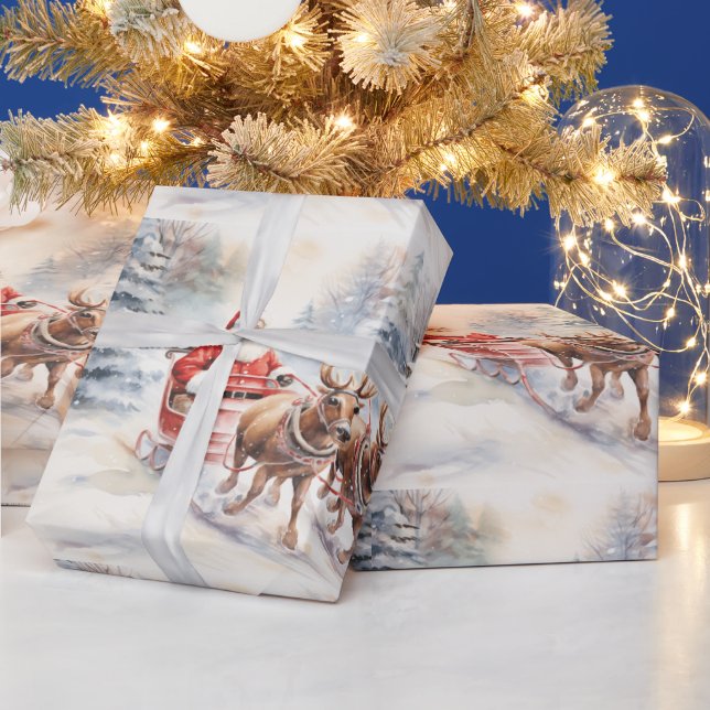 Papier Cadeau Le Père Noël traverse une forêt enneigée avec joie (Vacances)