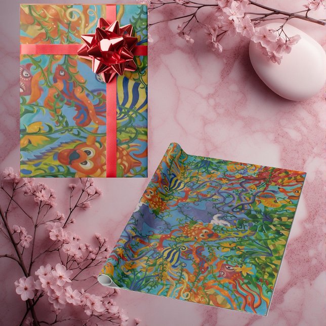 Papier Cadeau Le poisson dans l'art Abstrait océanique (Colorful Fish in the Ocean Octopus Abstract Art Wrapping Paper)