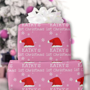 Papier Cadeau Le premier Noël de bébé Chapeau de Père Noël rose
