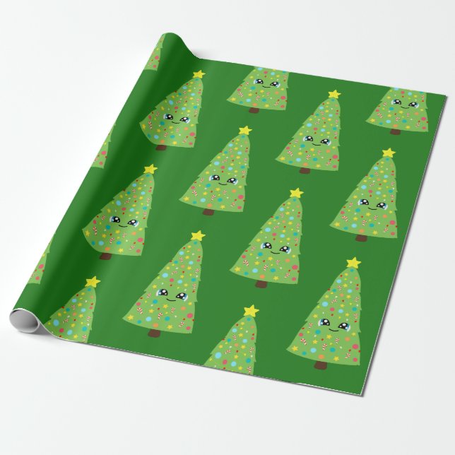 Papier Cadeau Le vert des fêtes souriant l'arbre de Noël Kawaii (Déroulé)