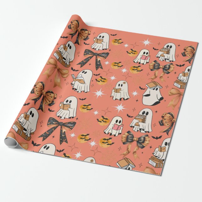 Papier Cadeau Lecture mignonne Halloween Ghosts Bows Bats (Déroulé)