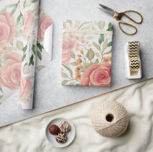 Papier Cadeau Légère orange douce et roses carmin aquarelle