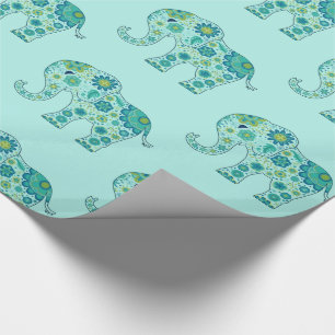 Papier Cadeau L'éléphant fleurit Teal