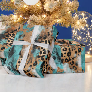 Papier Cadeau Leopard blanc d'or turquoise
