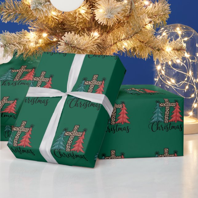 Papier Cadeau Léopard croix arbres de Noël chrétiens  (Vacances)