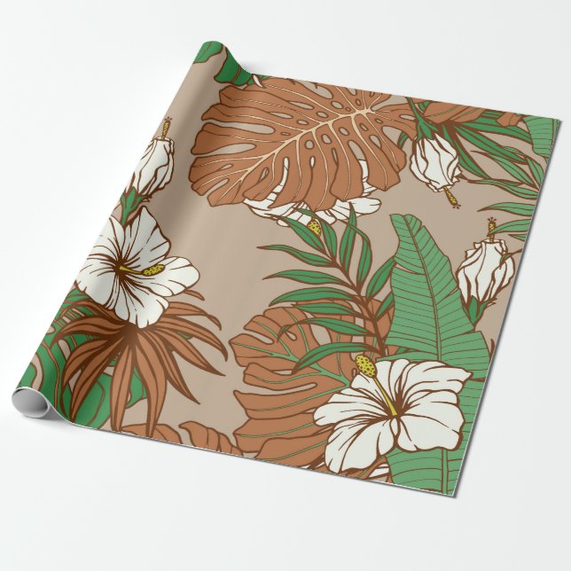 Papier Cadeau Léopard fourrure tropicale feuille fleurs d'hibisc (Déroulé)